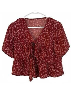 Floral crop top front bow tie XS red